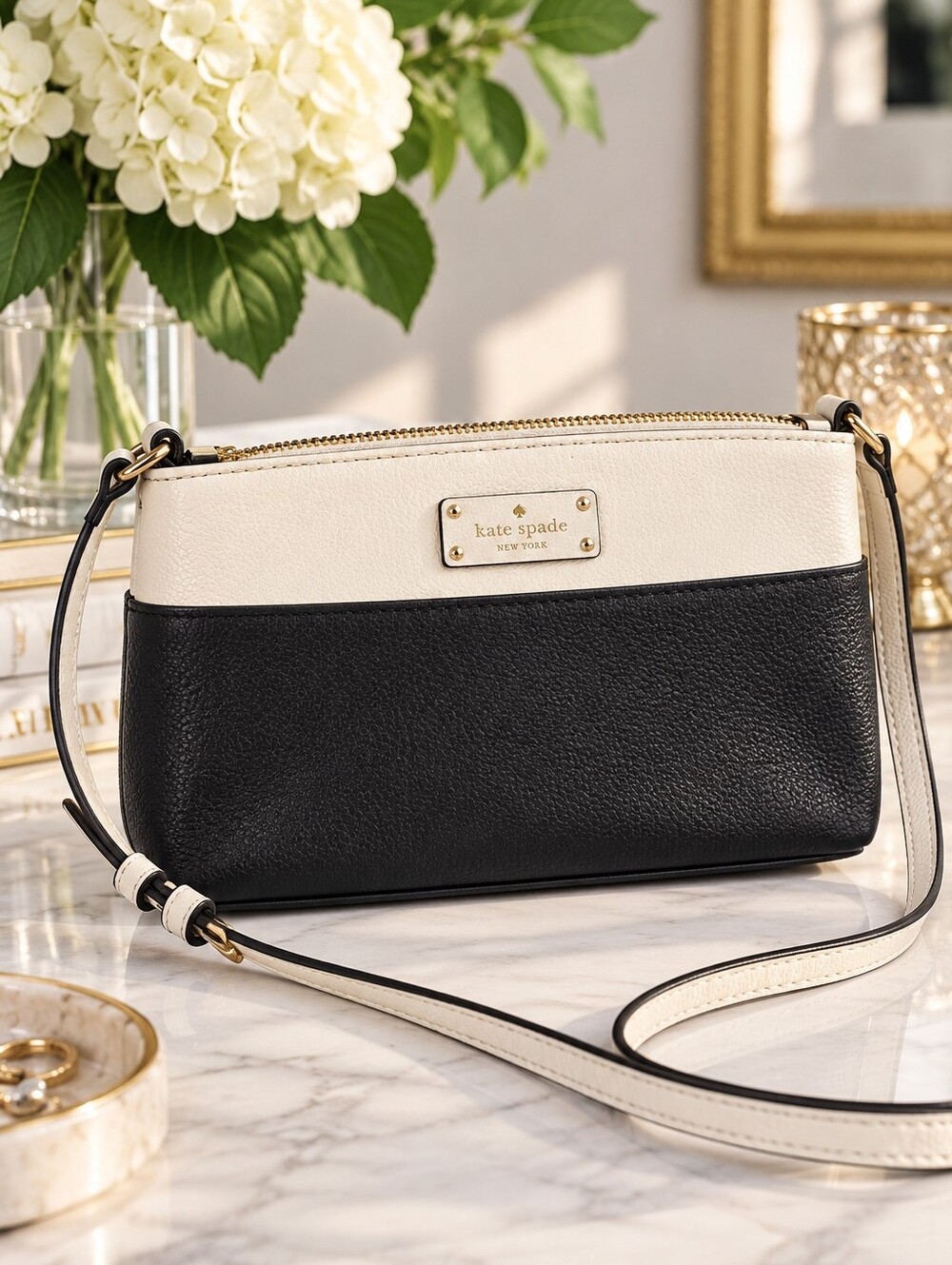 Kate Spade New York Black Cream Leather Colorblock Crossbody Bag